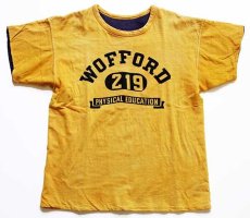 画像1: 60s Championチャンピオン WOFFORD 219 三段中抜き 染み込みプリント コットン リバーシブルTシャツ 黄×ナス紺 (1)