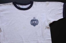 画像1: 80s USA製 Championチャンピオン U.S.NAVAL ACADEMY 染み込みプリント コットン リンガーTシャツ 白×紺 M (1)