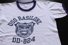 画像1: 60s Velva Sheen USS BASILONE DD-824 染み込みプリント コットン リンガーTシャツ 白×ナス紺 (1)