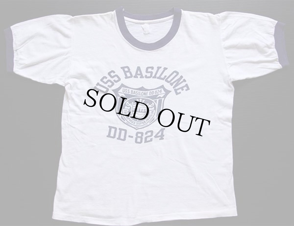 画像2: 60s Velva Sheen USS BASILONE DD-824 染み込みプリント コットン リンガーTシャツ 白×ナス紺 (2)