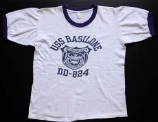 画像2: 60s Velva Sheen USS BASILONE DD-824 染み込みプリント コットン リンガーTシャツ 白×ナス紺 (2)