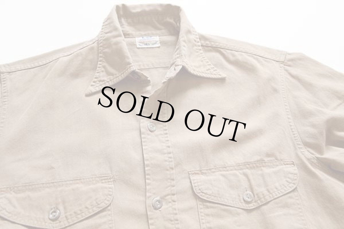 画像3: 40s USA製 Leeリー マチ付き コットンポプリン ワークシャツ カーキ 14.5 L (3)