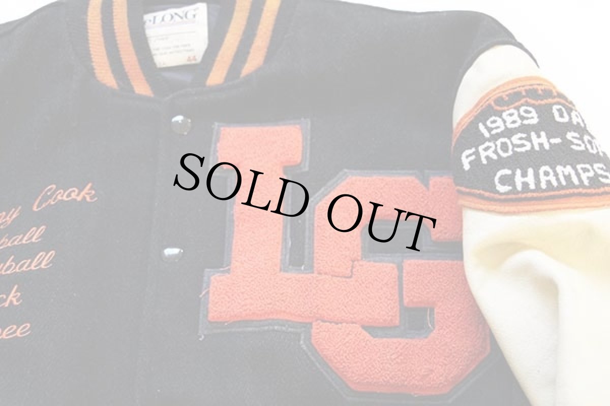 画像4: 80s USA製 DeLONGデロング 刺繍&パッチ付き メルトン ウール 袖革スタジャン 黒 44 (4)