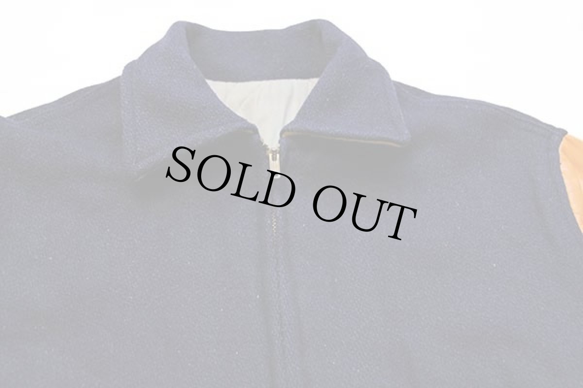 画像3: 60s UNKNOWN キルティングライナー メルトン ウール 袖革スタジャン 紺×マスタード (3)