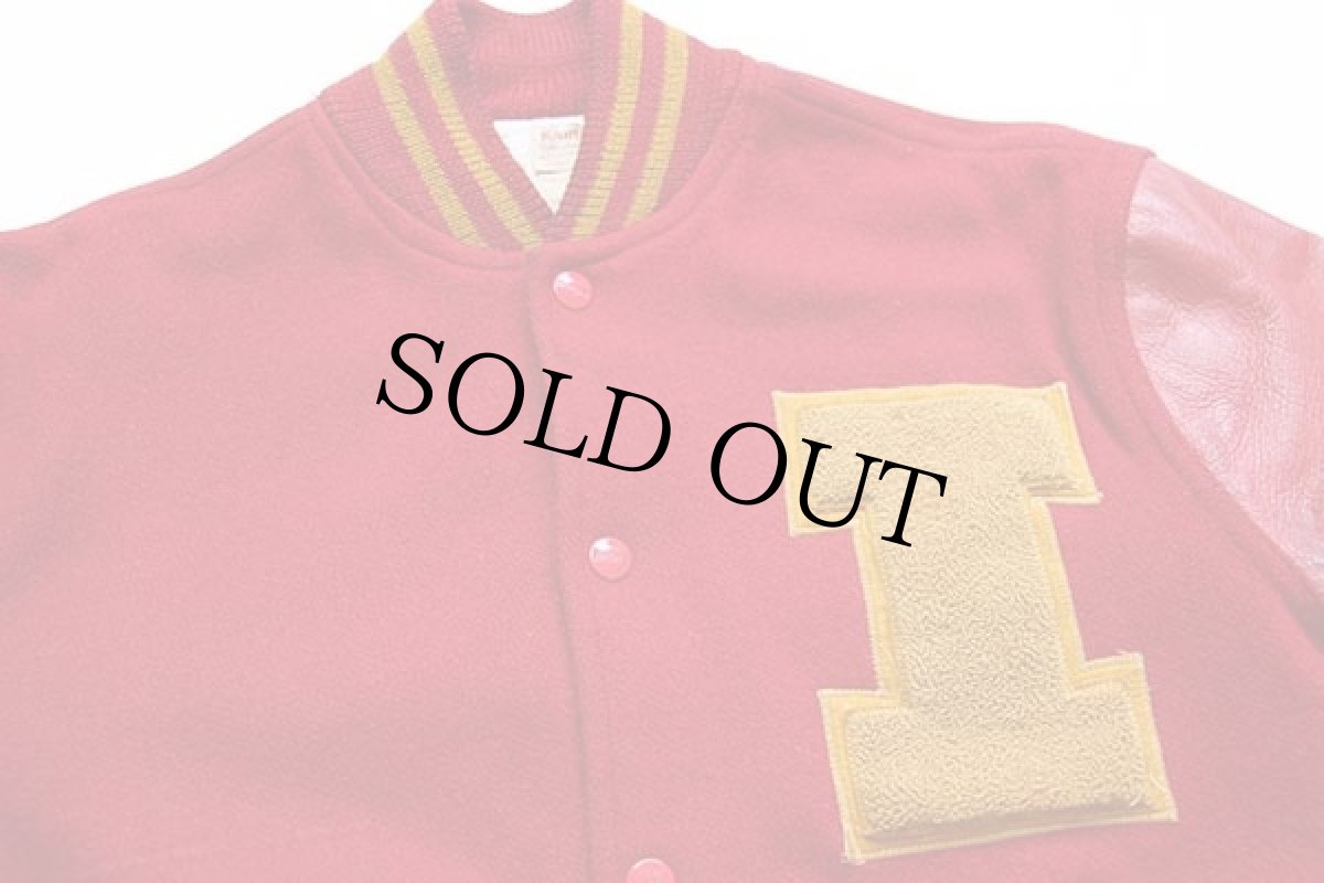 画像3: 60s Kautzky パッチ付き メルトン ウール 袖革スタジャン 赤 36 (3)