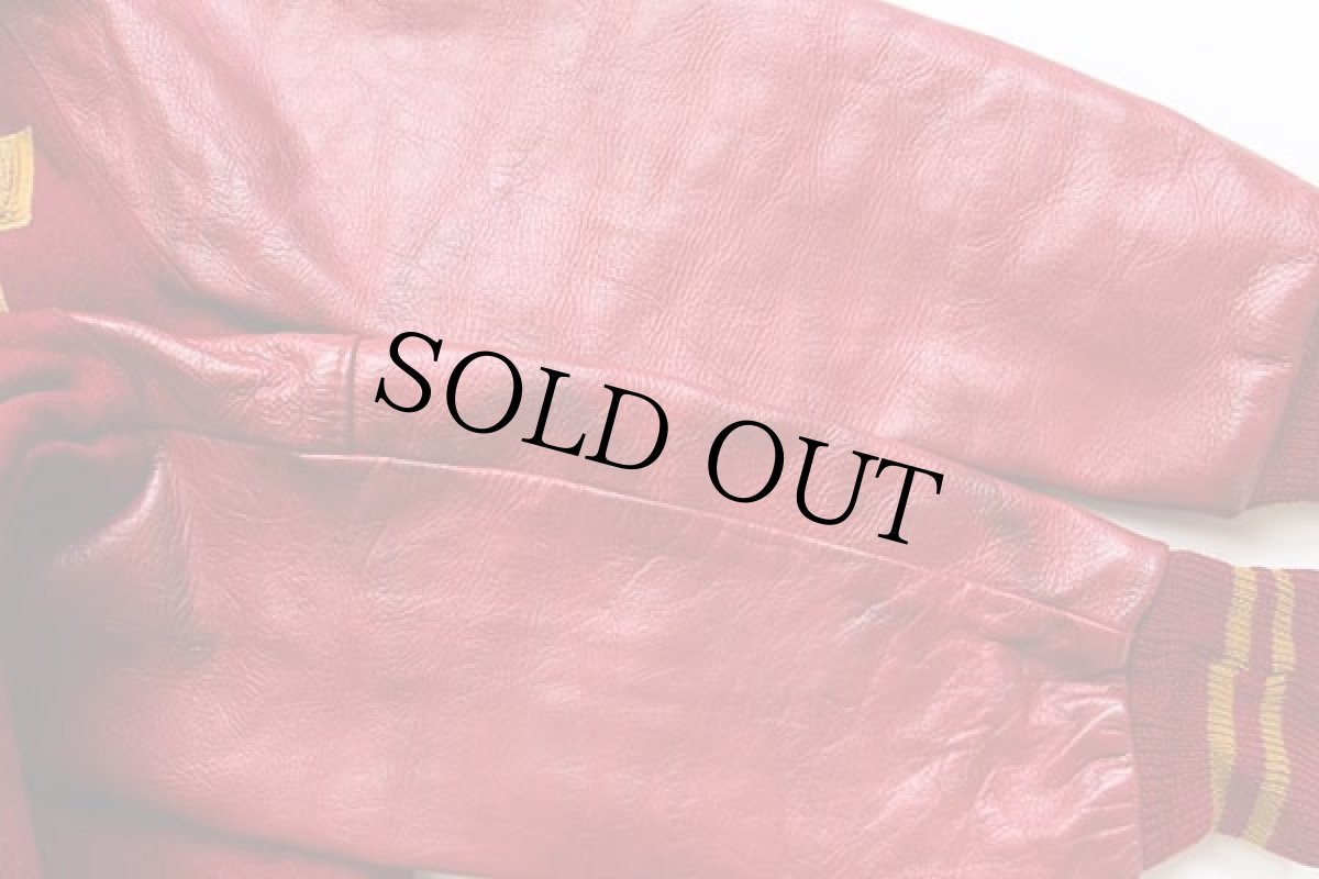 画像7: 60s Kautzky パッチ付き メルトン ウール 袖革スタジャン 赤 36 (7)