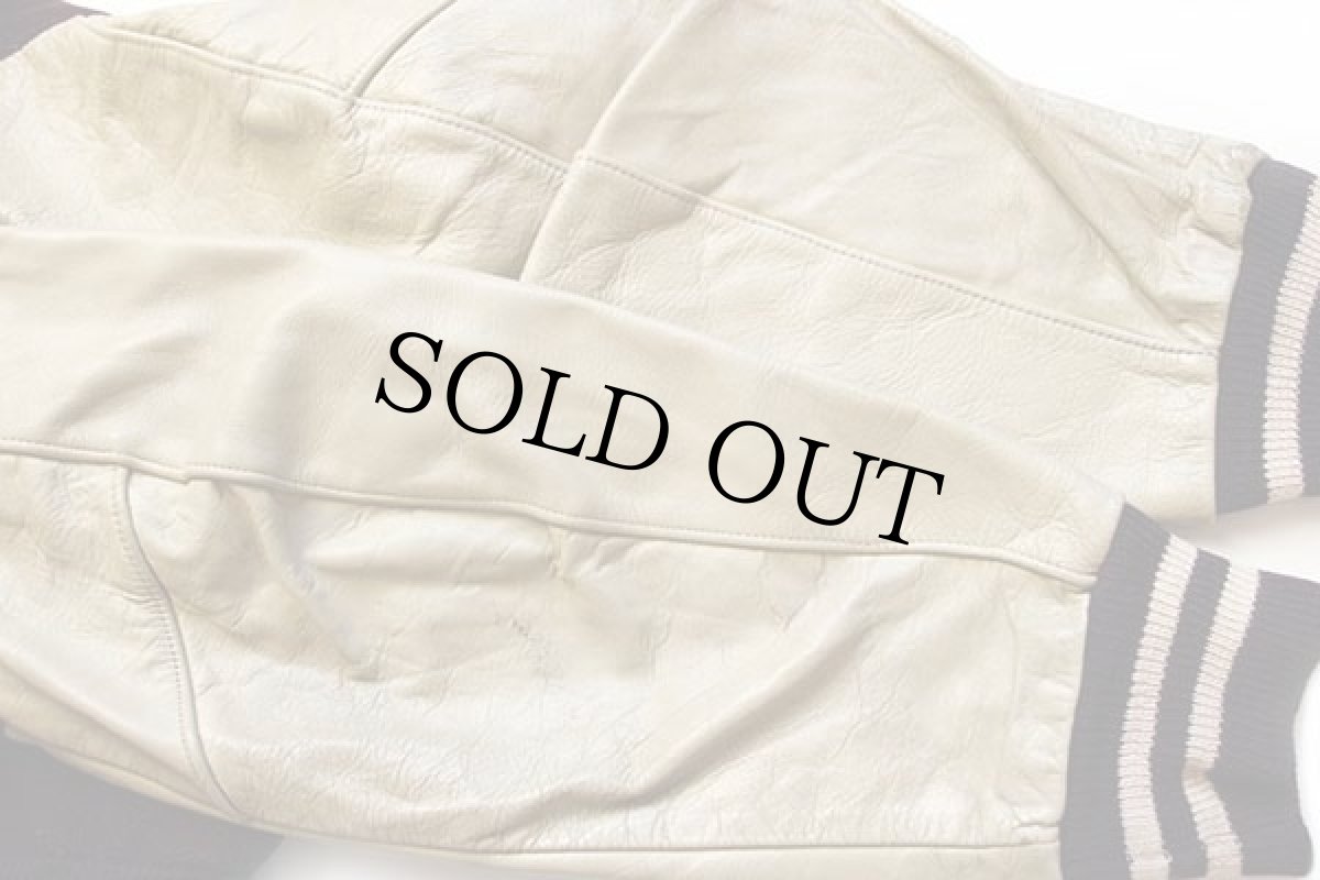 画像7: 60s DeLONGデロング メルトン ウール 袖革スタジャン バーガンディ×アイボリー 44 (7)