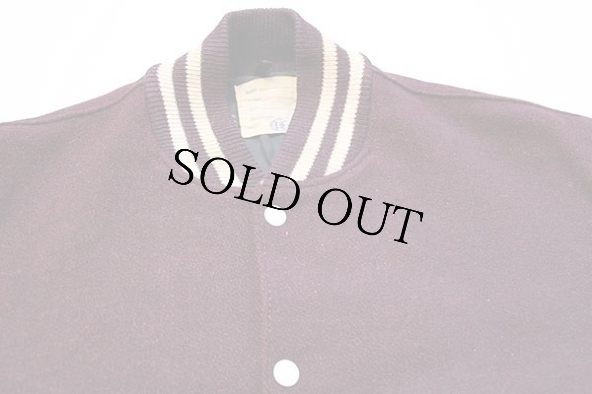 画像3: 60s DeLONGデロング メルトン ウール 袖革スタジャン バーガンディ×アイボリー 44 (3)