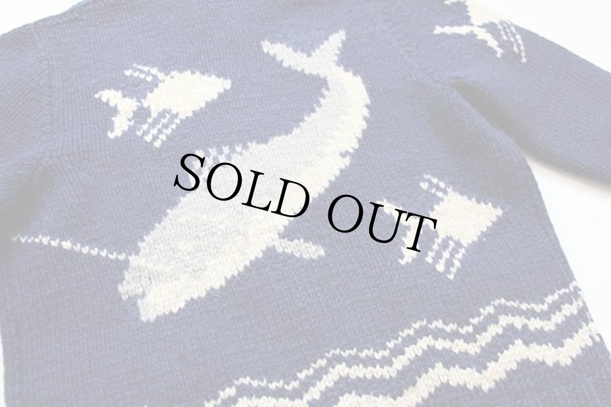 画像4: 60s UNKNOWN 魚柄 ウール カウチンセーター 青紺 (4)