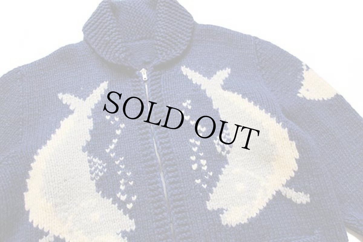 画像3: 60s UNKNOWN 魚柄 ウール カウチンセーター 青紺 (3)