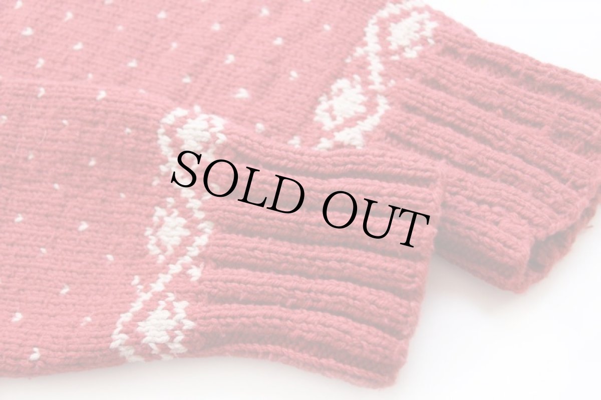 画像6: ビンテージ 鹿柄 ノルディック柄 モックネック ウールニット セーター 薄赤 (6)