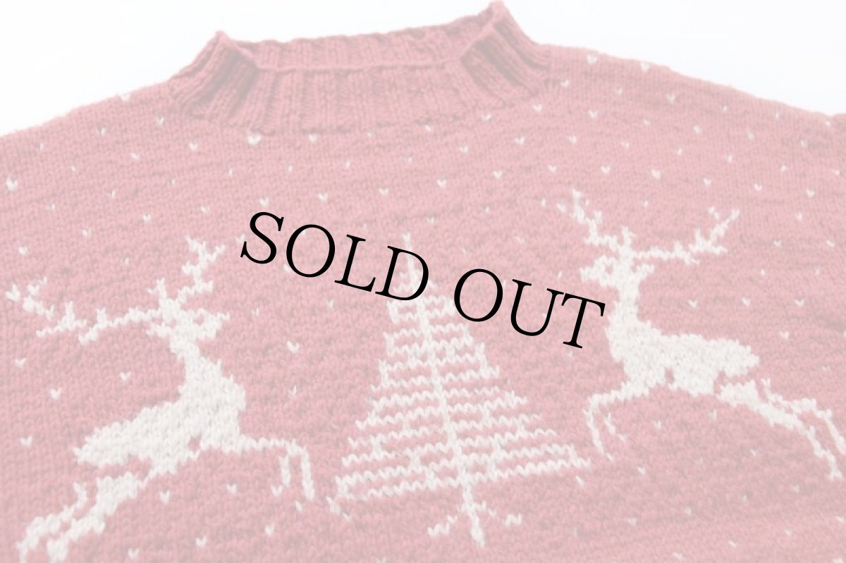 画像3: ビンテージ 鹿柄 ノルディック柄 モックネック ウールニット セーター 薄赤 (3)