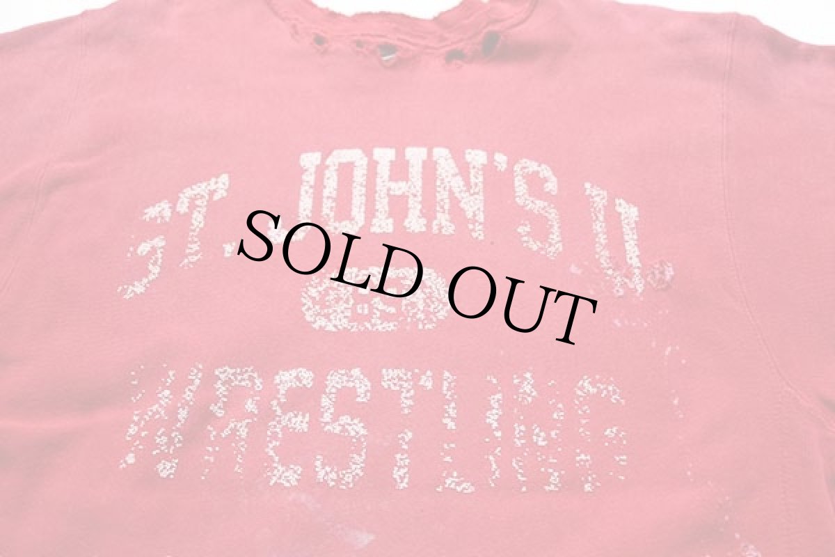 画像3: 90s USA製 Championチャンピオン ST.JOHN'S U WRESTLING 三段中抜き リバースウィーブ スウェット ボロ 赤 フェード XL (3)