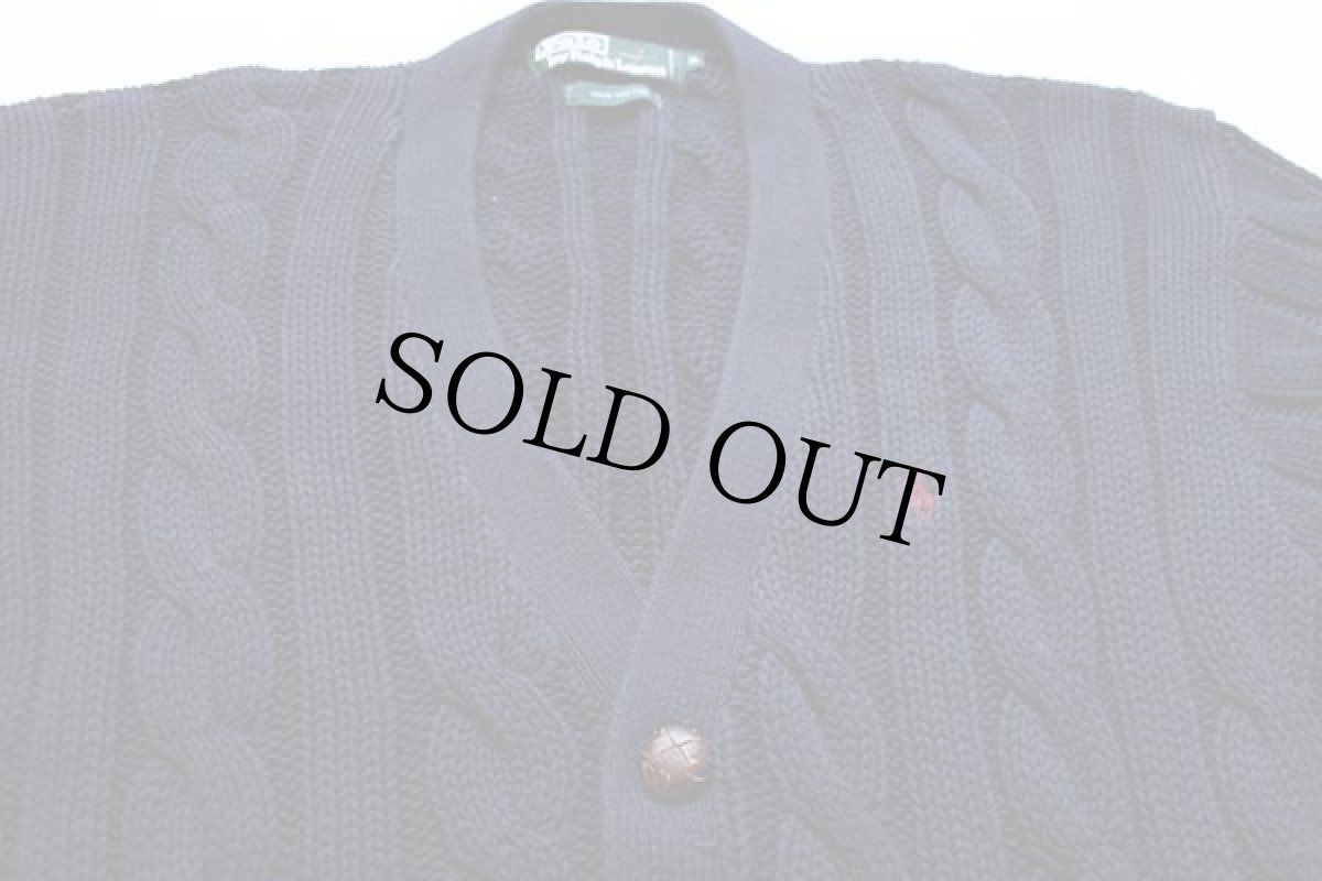 画像3: 80s ポロ ラルフローレン ワンポイント ケーブル編み コットンニット カーディガン 紺 XL (3)