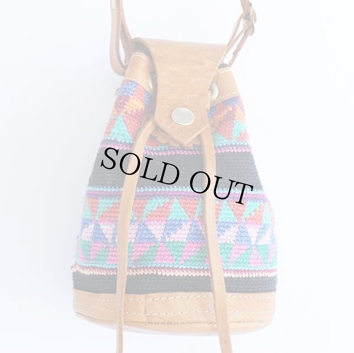 画像2: ハンドメイド フォークロア柄 バケツ型 巾着 ラグxレザー ショルダーバッグ ミニ (2)