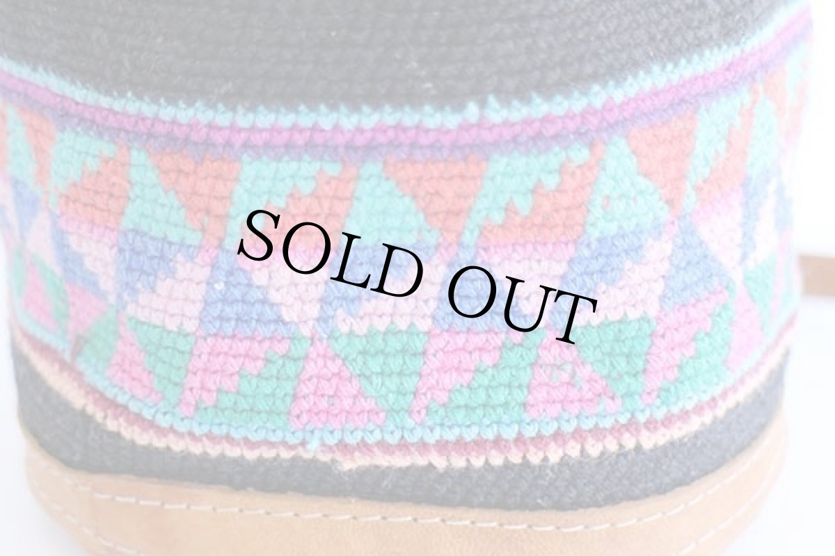 画像5: ハンドメイド フォークロア柄 バケツ型 巾着 ラグxレザー ショルダーバッグ ミニ (5)