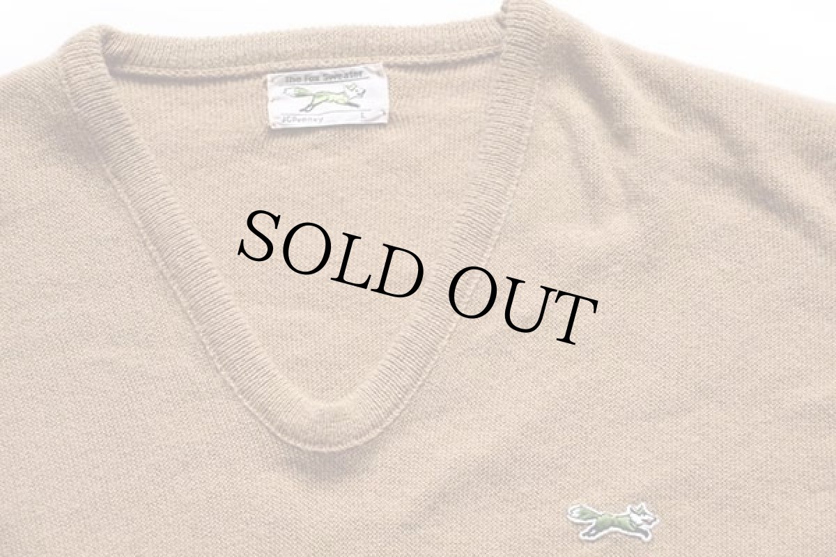 画像3: 80s USA製 JCPenney The Fox ワンポイント Vネック パール編み アクリルニット セーター 薄茶 L (3)