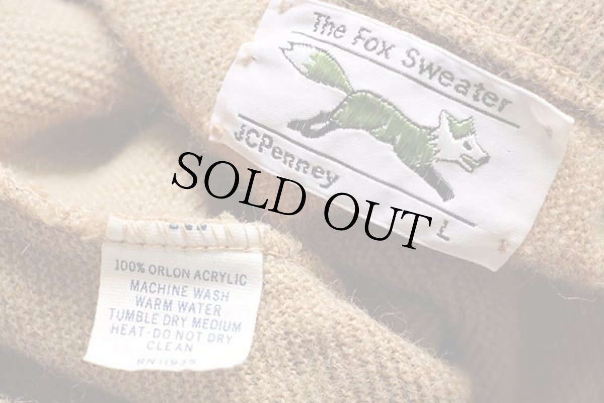 画像4: 80s USA製 JCPenney The Fox ワンポイント Vネック パール編み アクリルニット セーター 薄茶 L (4)