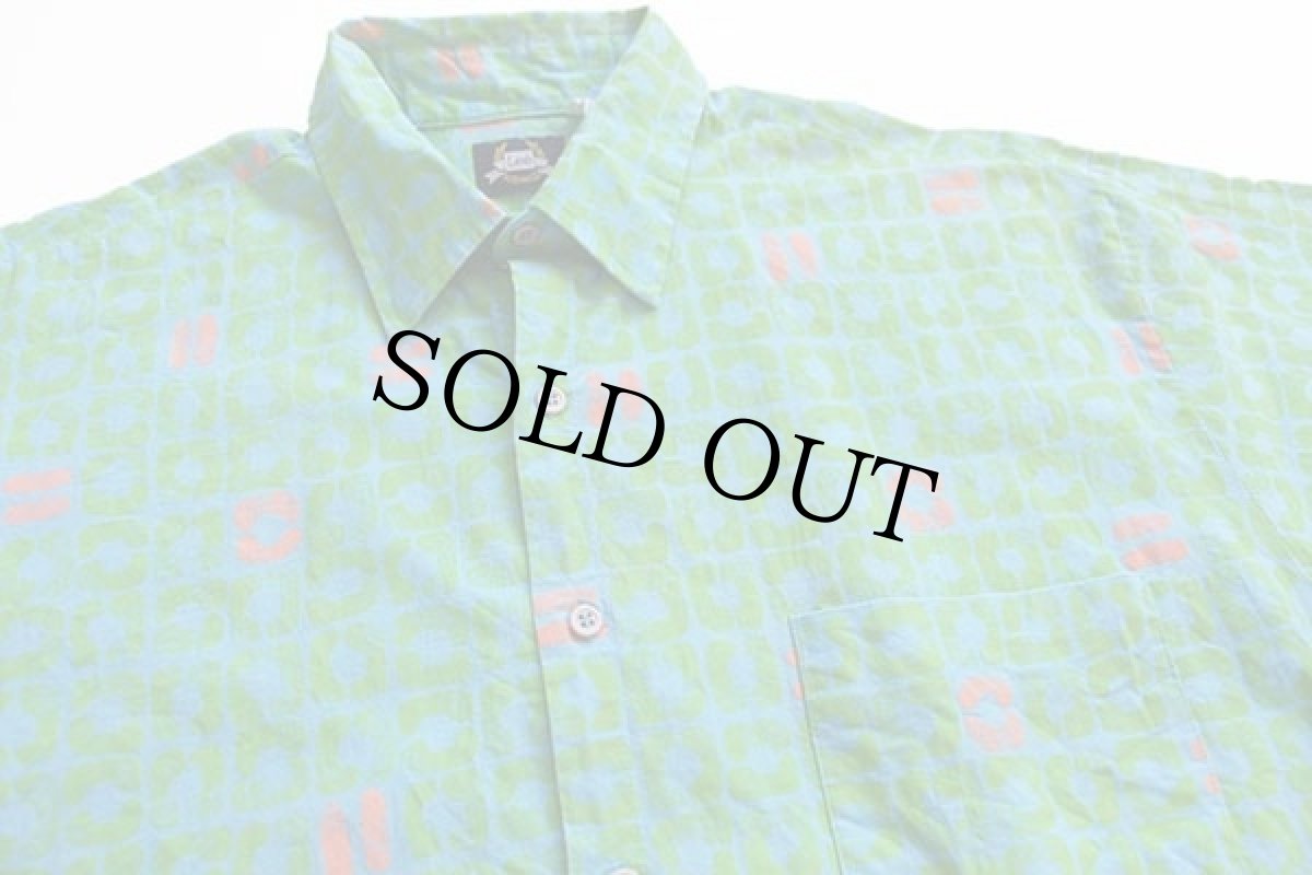 画像3: 80s USA製 Leeリー 総柄 半袖 コットンシャツ 水色×黄緑×蛍光 L (3)