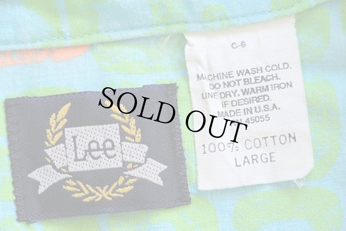 画像4: 80s USA製 Leeリー 総柄 半袖 コットンシャツ 水色×黄緑×蛍光 L (4)