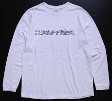 画像1: 90s USA製 NAUTICAノーティカ COMPETITION ロゴ コットン 長袖Tシャツ 白 M (1)