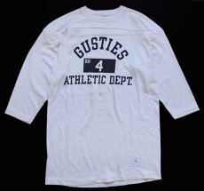 画像1: 70s USA製 Championチャンピオン GUSTIES 三段中抜き 染み込みプリント フットボールTシャツ 生成り L (1)