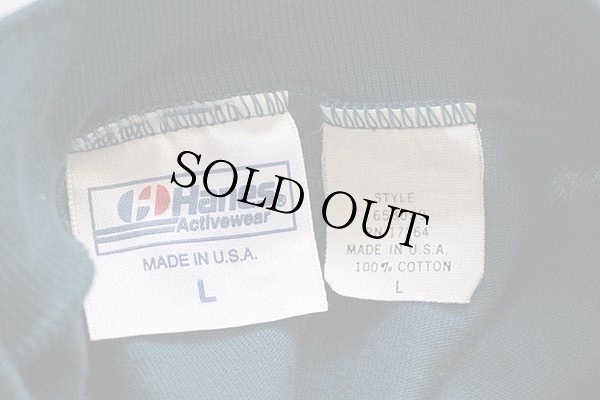 画像4: 90s USA製 Hanes モックネック 無地 コットン 長袖Tシャツ 青緑 L (4)