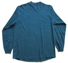 画像2: 90s USA製 Hanes モックネック 無地 コットン 長袖Tシャツ 青緑 L (2)