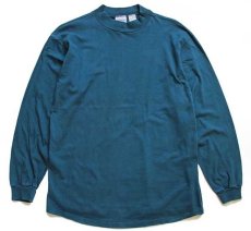 画像1: 90s USA製 Hanes モックネック 無地 コットン 長袖Tシャツ 青緑 L (1)