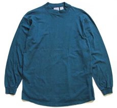 画像1: 90s USA製 Hanes モックネック 無地 コットン 長袖Tシャツ 青緑 L (1)