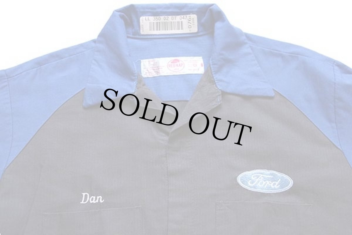 画像3: 00s RED KAPレッドキャップ Fordフォード ロゴ Dan 刺繍 ツートン 切り替え 半袖 ワークシャツ L (3)
