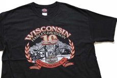 画像1: 00s USA製 Hanes HARLEY-DAVIDSON ハーレー ダビッドソン WISCONSIN エンジン 両面プリント コットンTシャツ 黒 XL (1)