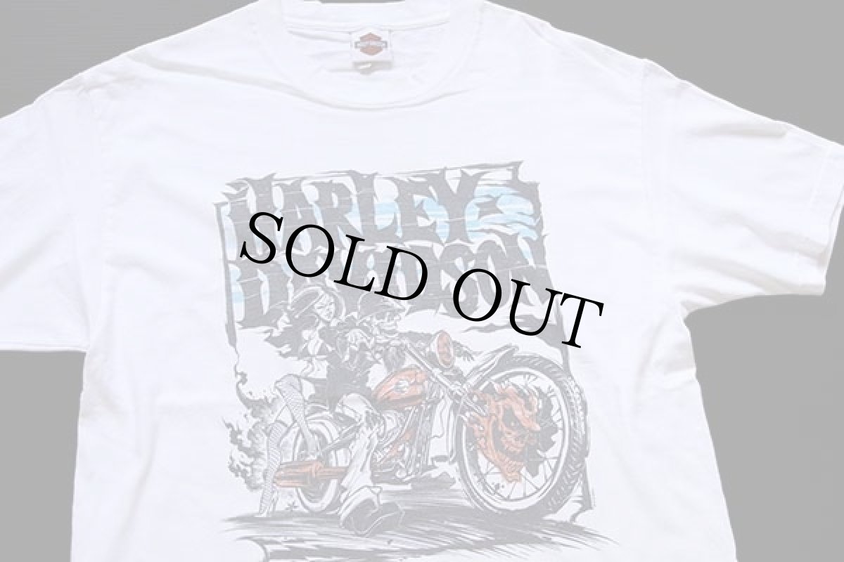 画像1: USA製 HARLEY-DAVIDSON ハーレー ダビッドソン BAKERSFIELD スカル 両面プリント コットンTシャツ 白 L (1)