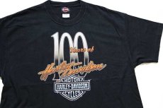 画像1: 00s USA製 Hanes HARLEY-DAVIDSON ハーレー ダビッドソン 100Years エンジン 両面プリント コットンTシャツ 黒 XL (1)