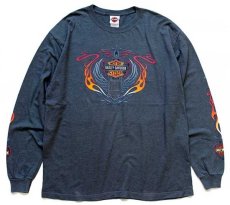 画像1: 00s USA製 Hanes HARLEY-DAVIDSONハーレー ダビッドソン フレイムス 両面プリント 長袖Tシャツ グリーングレー XL★ファイヤーパターン (1)