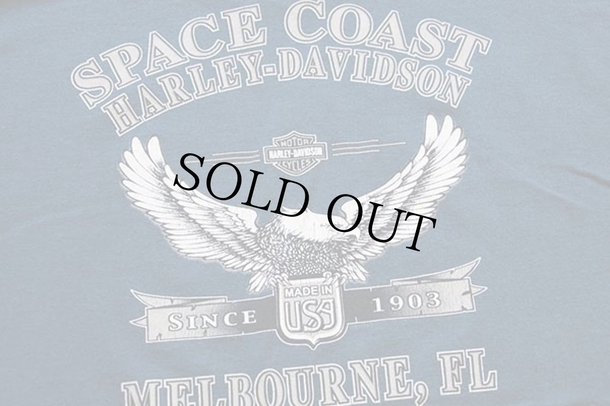 画像4: 00s USA製 HARLEY-DAVIDSON ハーレー ダビッドソン SPACE COAST 両面プリント コットンTシャツ 杢ブルー L (4)