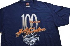 画像1: 00s USA製 Hanes HARLEY-DAVIDSON ハーレー ダビッドソン 100Years HAL'S 両面プリント コットンTシャツ 紺 L (1)