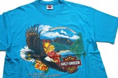 画像1: 90s Hanes HARLEY-DAVIDSON ハーレー ダビッドソン HAWAII 両面プリント コットンTシャツ 青 (1)