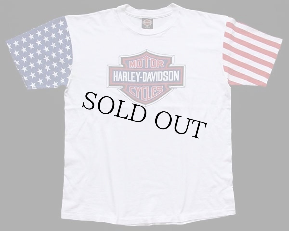 画像1: 90s USA製 HARLEY-DAVIDSON ハーレー ダビッドソン 星条旗柄 切り替え 両面プリント コットンTシャツ 白 XL (1)