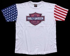 画像1: 90s USA製 HARLEY-DAVIDSON ハーレー ダビッドソン 星条旗柄 切り替え 両面プリント コットンTシャツ 白 XL (1)