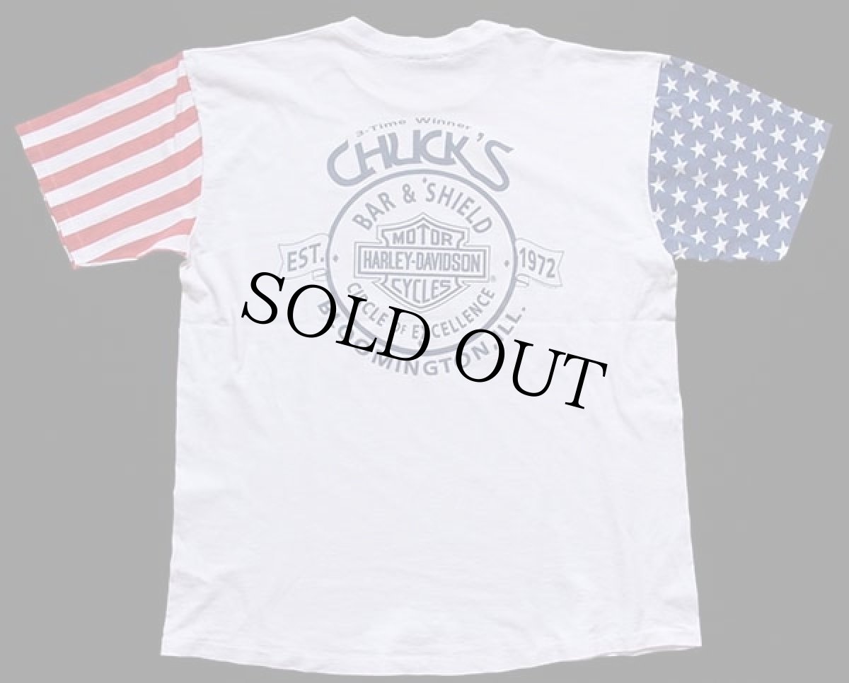 画像2: 90s USA製 HARLEY-DAVIDSON ハーレー ダビッドソン 星条旗柄 切り替え 両面プリント コットンTシャツ 白 XL (2)