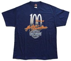 画像2: 00s USA製 Hanes HARLEY-DAVIDSON ハーレー ダビッドソン 100Years HAL'S 両面プリント コットンTシャツ 紺 L (2)