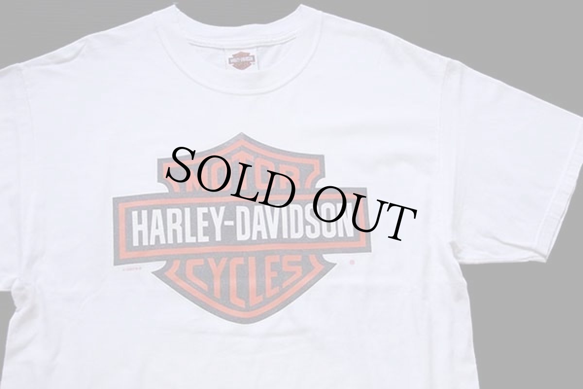 画像1: 00s USA製 Hanes HARLEY-DAVIDSON ハーレー ダビッドソン ロゴ 両面プリント ショート丈 コットンTシャツ カスタム 白 L (1)