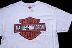 画像1: 00s USA製 Hanes HARLEY-DAVIDSON ハーレー ダビッドソン ロゴ 両面プリント ショート丈 コットンTシャツ カスタム 白 L (1)