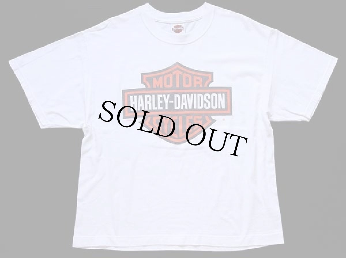 画像2: 00s USA製 Hanes HARLEY-DAVIDSON ハーレー ダビッドソン ロゴ 両面プリント ショート丈 コットンTシャツ カスタム 白 L (2)