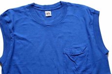 画像1: 90s USA製 FRUIT OF THE LOOM 無地 ノースリーブ コットン ポケットTシャツ 青 L (1)