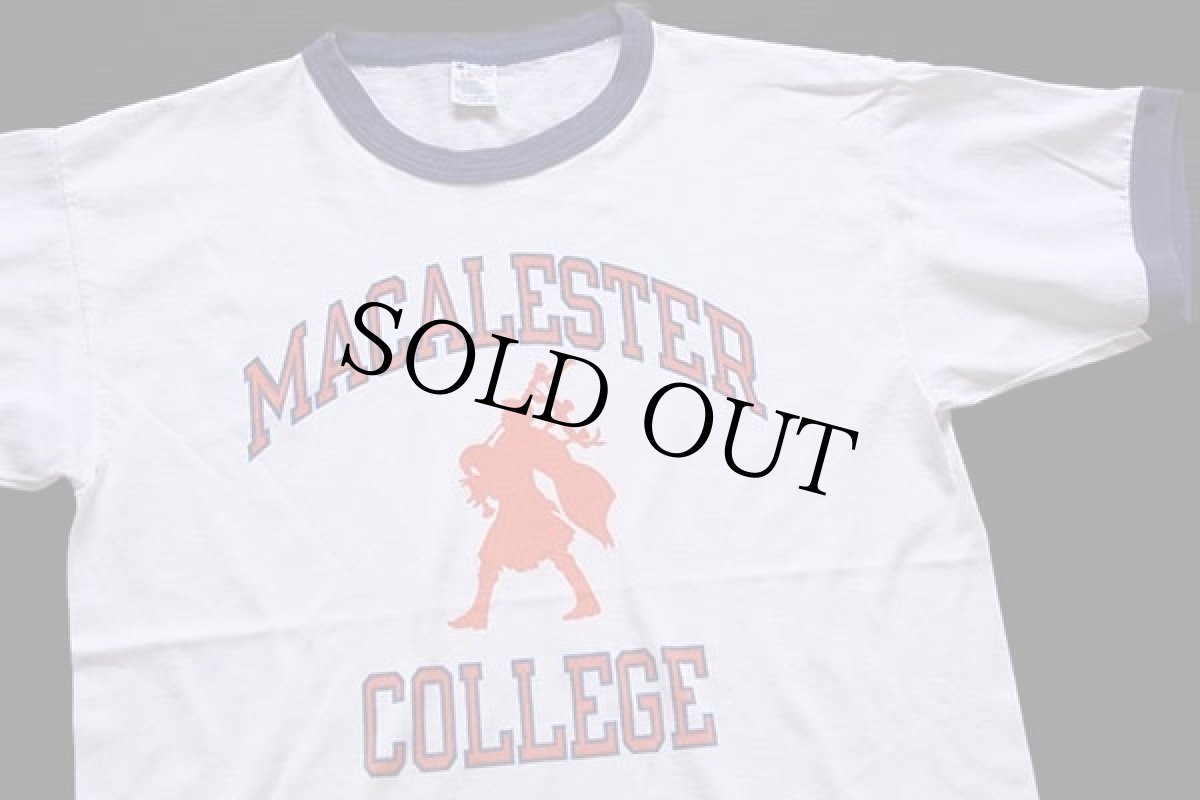 画像1: 80s USA製 Championチャンピオン MACALESTER COLLEGE 染み込みプリント リンガーTシャツ 白×ナス紺 L (1)