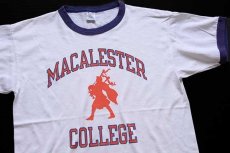 画像1: 80s USA製 Championチャンピオン MACALESTER COLLEGE 染み込みプリント リンガーTシャツ 白×ナス紺 L (1)