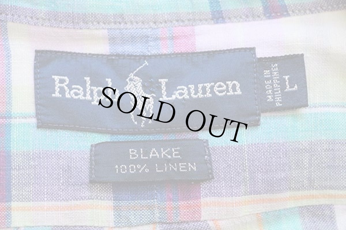 画像5: 00s ラルフローレン マドラスチェック ボタンダウン リネンシャツ パステルカラー L (5)