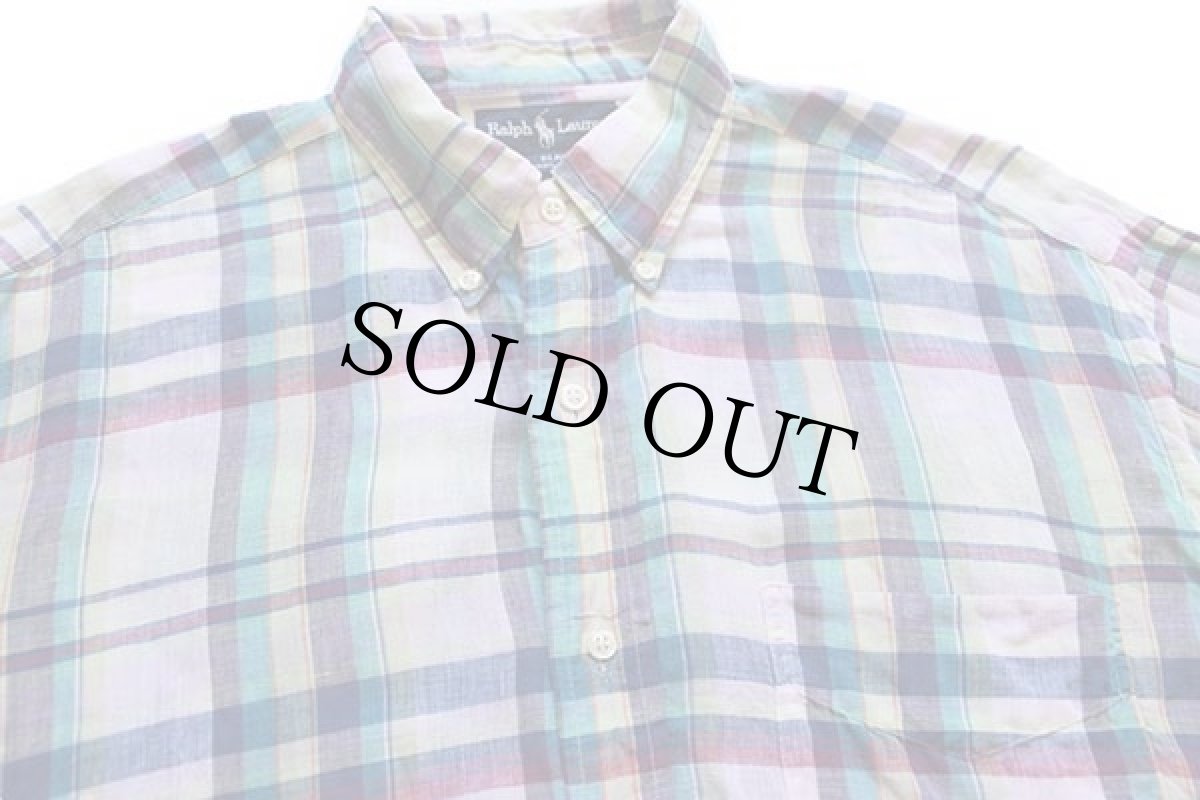 画像2: 00s ラルフローレン マドラスチェック ボタンダウン リネンシャツ パステルカラー L (2)